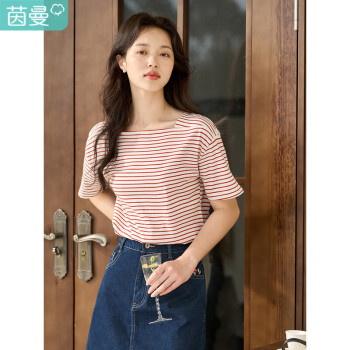 茵曼（INMAN）优雅精致洋气横向色织条纹短袖T恤女夏休闲F18322|726红白条M	