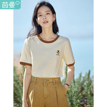 茵曼（INMAN）夏季撞色绣花舒适宽松遮肉短袖T恤女百搭上衣18322|137梨花杏L	